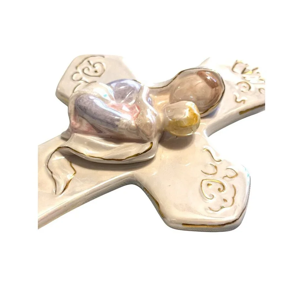 Vintage Iridescent Mother & Child Cross Wall Hanging Gold Accents 10" - Picture 2 of 7